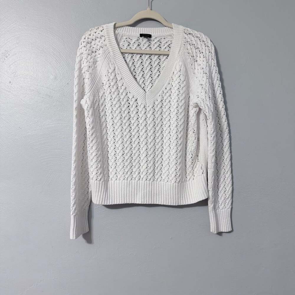 Talbots Open Stitch V-Neck Sweater Size M White Cotton